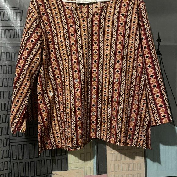 Sacred Threads Earth Tones Tribal Print and Silver Sparkles XL Blouse - Picture 3 of 3